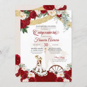 Invitation Rouge Blanc Floral & Or Elegant Charro Quinceanera