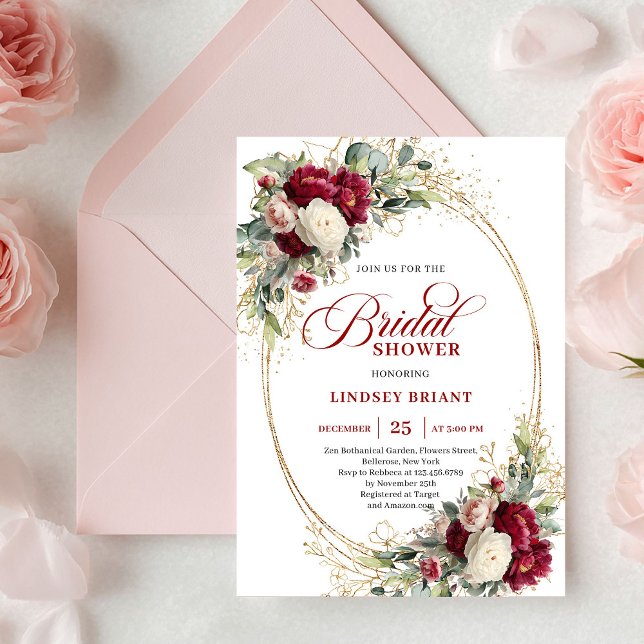 Invitation Rouge Blanc Floral Or Mariage Fête (Classic Red White Floral Gold Bridal Shower)