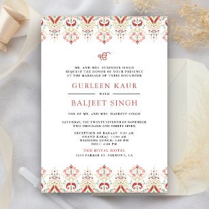 Invitation Rouge Blanc Ikat Anand Karaj Sikh Mariage