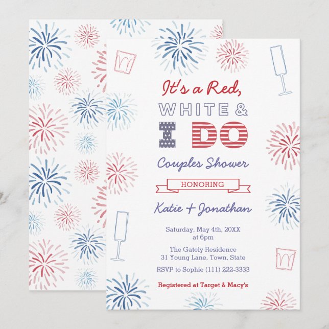 Invitation Rouge Blanc & Je Fais des Couples Mariage Fête de  (Devant / Derrière)