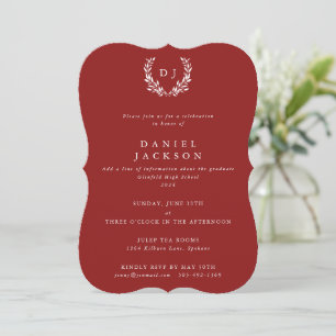 Invitation Rouge + Blanc Monogram Laurel Wreath Graduation