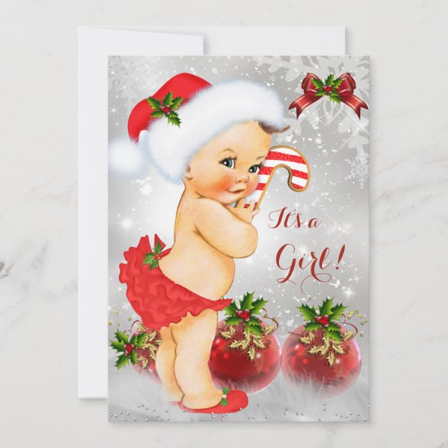 Invitation Rouge Blanc Neige Vert Noël Fille Baby Shower (Devant)