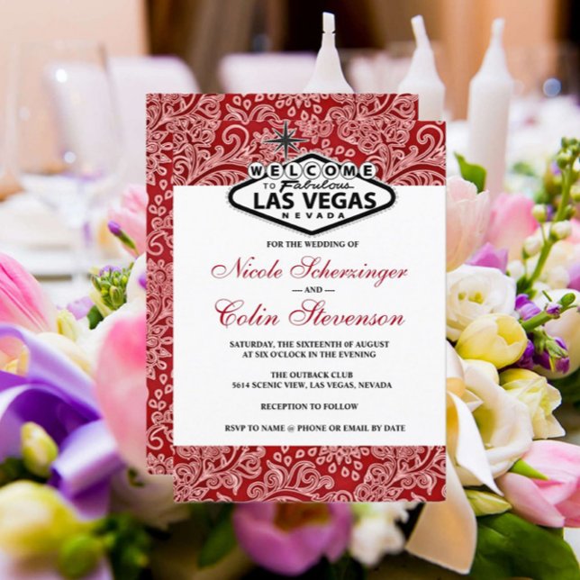 Invitation Rouge Blanc Noir Damask Elegant Mariage Las Vegas (Créateur téléchargé)