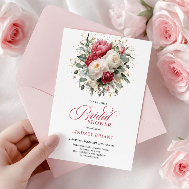 Invitation Rouge Blanc Or Douche Bohemienne Raffinée (Refined Bohemian Crimson Red White Gold Shower)