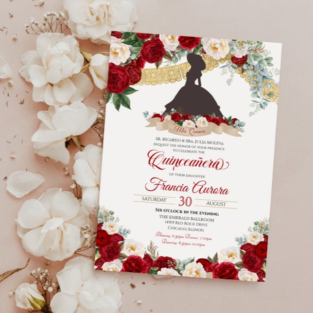 Invitation Rouge Blanc Or Élégant Floral Charro Quinceanera (Créateur téléchargé)