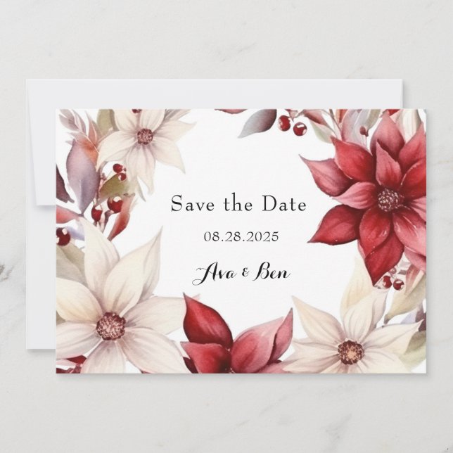 Invitation Rouge Blanc Poinsettia Mariage Enregistrer les car (Devant)