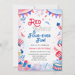 Invitation Rouge, Blanc, QUATRE Fun, Quatrième Anniversaire