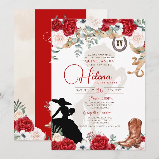 Invitation Rouge blanc Quinceanera Rose rustique Fancy Charro (Devant / Derrière)