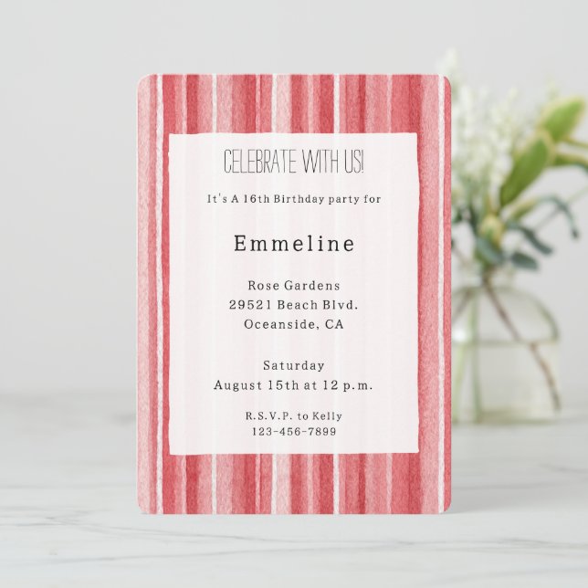 Invitation Rouge Blanc Rose Pâle Rayures Anniversaire (Debout devant)