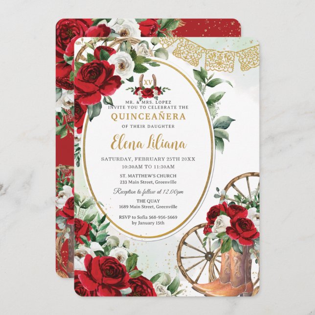 Invitation Rouge Blanc Roses Charro Bottes Sweet 16 Quinceañe (Devant / Derrière)