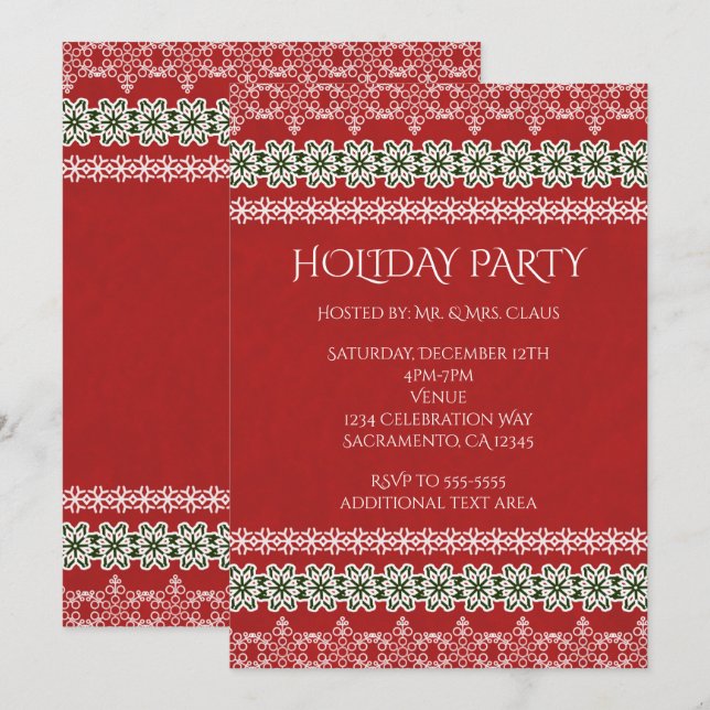 Invitation Rouge Blanc & Vert Dentelle Élégant Fête de Fêtes (Devant / Derrière)