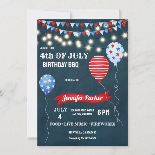 Invitation Rouge Bleu Juillet 4 | 4 juillet Anniversaire (Devant)