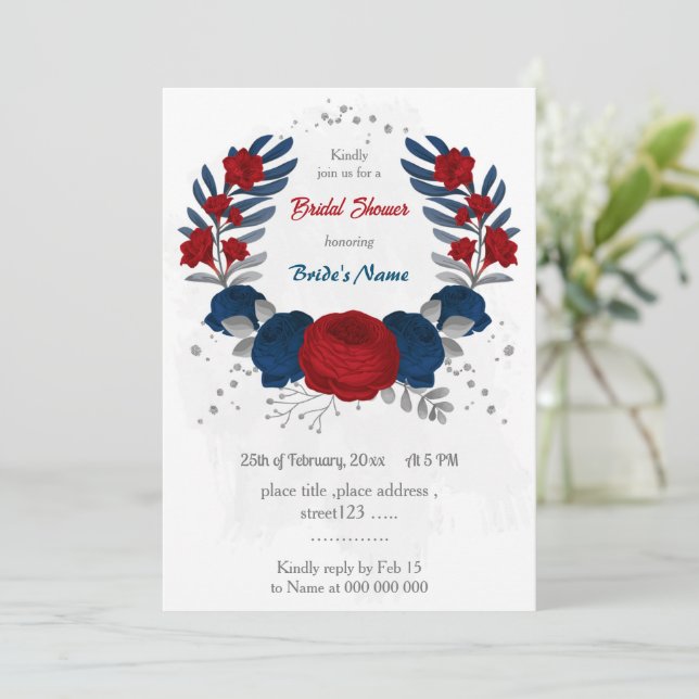 Invitation rouge & bleu marine fleurs argent nuptiale douche (Debout devant)