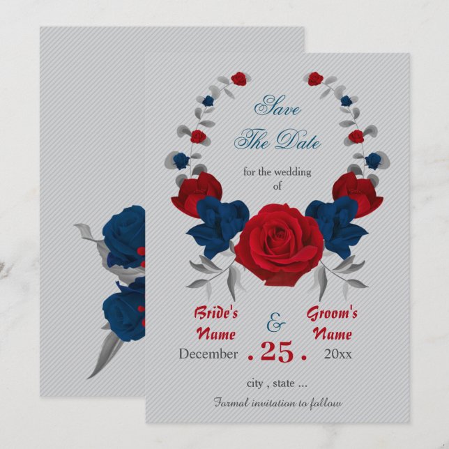 Invitation rouge & bleu marine fleurs couronne enregistrer la (Devant / Derrière)