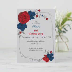Invitation rouge & bleu marine fleurs geomertic anniversaire