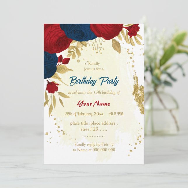 Invitation rouge & bleu marine fleurs or feuille anniversaire (Debout devant)