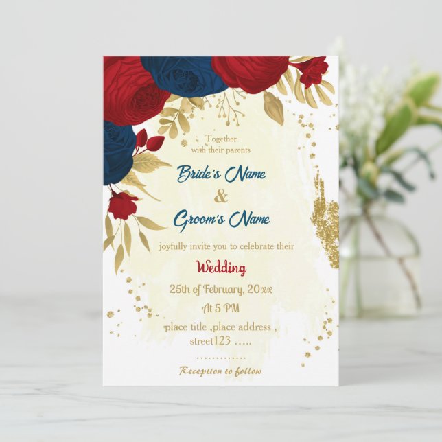 Invitation rouge & bleu marine fleurs or feuille mariage (Debout devant)