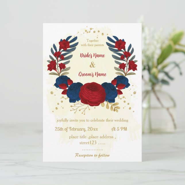 Invitation rouge & bleu marine fleurs or feuille mariage (Debout devant)