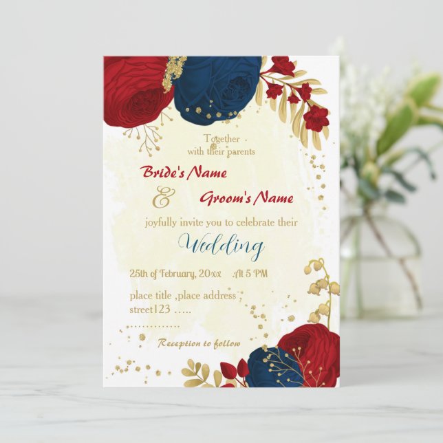 Invitation rouge & bleu marine fleurs or feuille mariage (Debout devant)