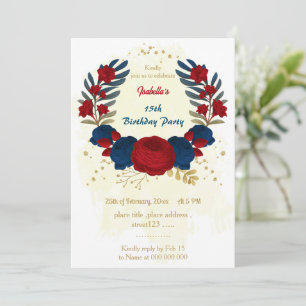 Invitation rouge & bleu marine fleurs or feuilles anniversair