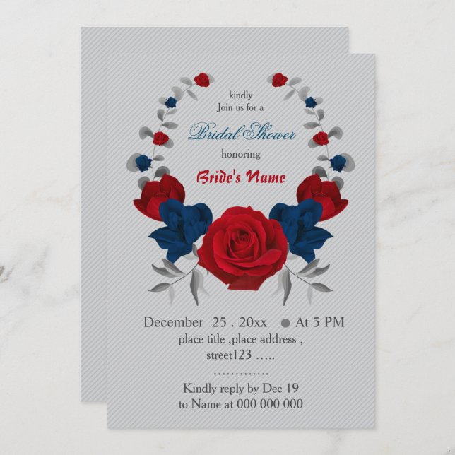 Invitation rouge & bleu marine fleurs wreath douche nuptiale (Devant / Derrière)