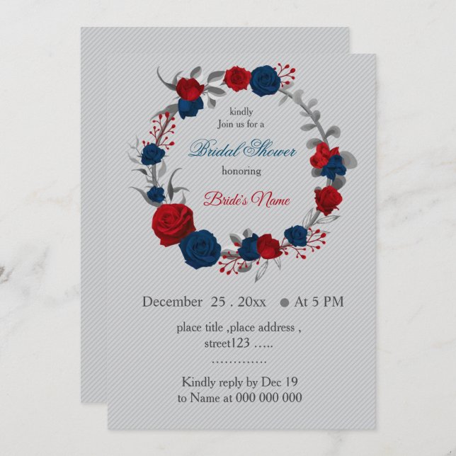 Invitation rouge & bleu marine fleurs wreath douche nuptiale (Devant / Derrière)