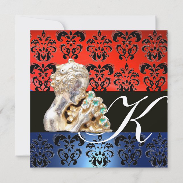 INVITATION ROUGE BLEU, NOIR, BLANC DAMAS JEWEL MONOGRAMME (Devant)
