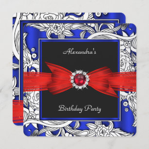 Invitation Rouge Bleu Noir Blanc Floral fête d'anniversaire