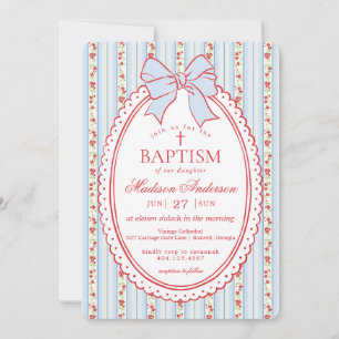 Invitation Rouge & Bleu Vintage Floral Fantaisie Baptême