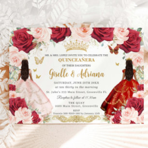Invitation Rouge Blush rose Floral Twins Or Quinceañera