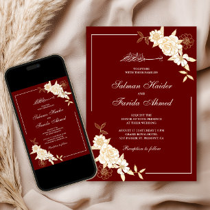 Invitation Rouge bordeaux crème florale branche mariage musul