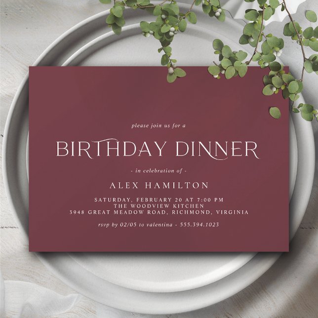 Invitation Rouge Bordeaux | Élégant dîner d'anniversaire de M (Créateur téléchargé)