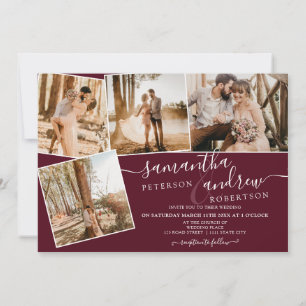 Invitation Rouge bordeaux minimaliste script 5 photos mariage