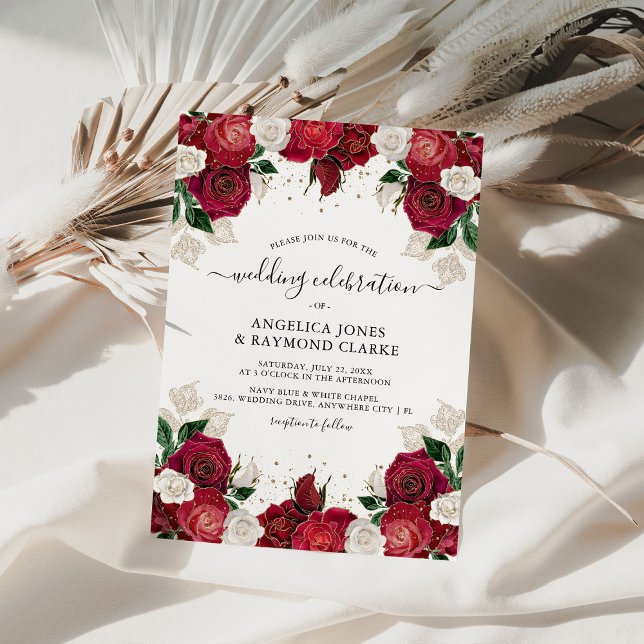 Invitation Rouge Bourgogne & Blanc Floral Élégant Mariage (Créateur téléchargé)