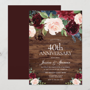 Invitation Rouge Bourgogne Blush Rustique 40ème Anniversaire