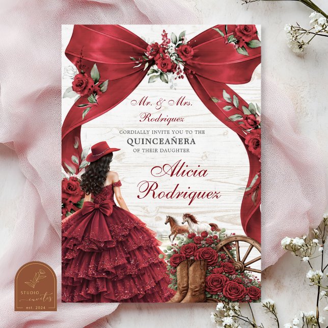 Invitation Rouge Bourgogne Bow Coquette Charra Quinceanera (Créateur téléchargé)