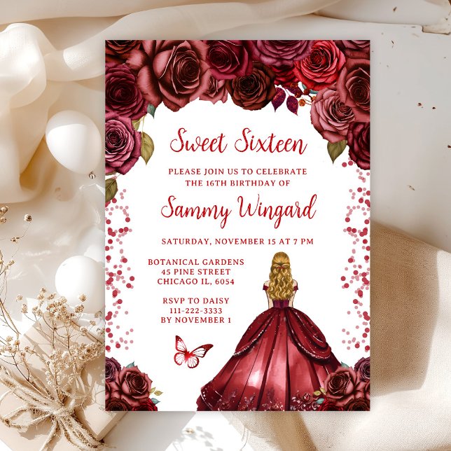 Invitation Rouge Bourgogne Cheveux Blonds Princesse Sweet Sei (Créateur téléchargé)