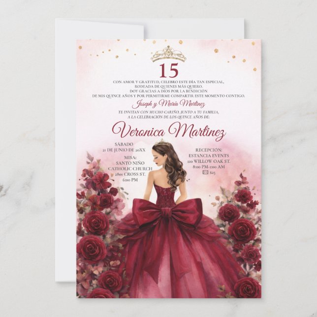 Invitation Rouge Bourgogne Espagnol Princesse Florale Douce 1 (Devant)