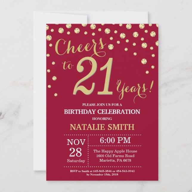 Invitation Rouge Bourgogne et Or 21e Anniversaire Diamant (Devant)