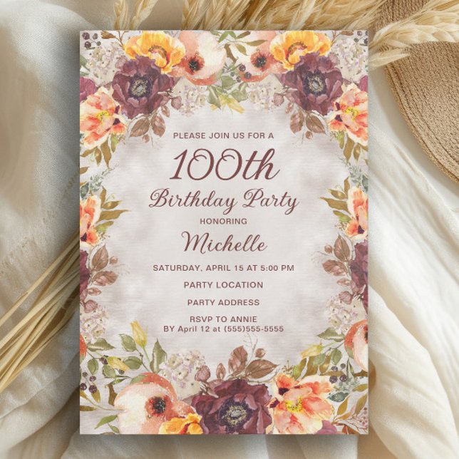 Invitation Rouge Bourgogne Fleur Orange 100e Anniversaire Fem (Burgundy and burnt orange watercolor floral 100th birthday party invitation)