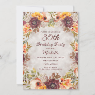 Invitation Rouge Bourgogne Fleur Orange 30e Anniversaire Femm