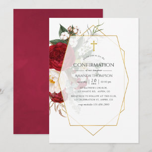 Invitation Rouge Bourgogne & Fleurs Géométriques de Confirmat