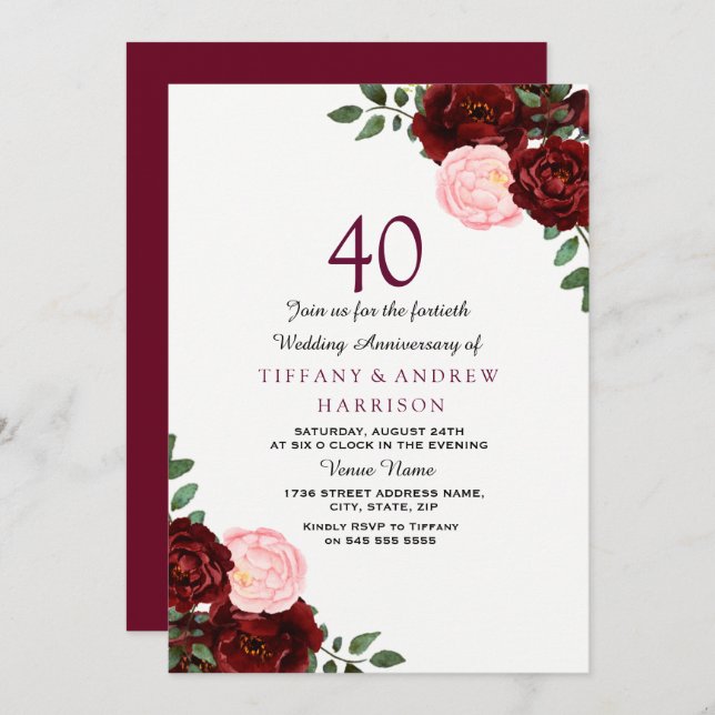 Invitation Rouge Bourgogne Floral 40e Anniversaire de Mariage (Devant / Derrière)