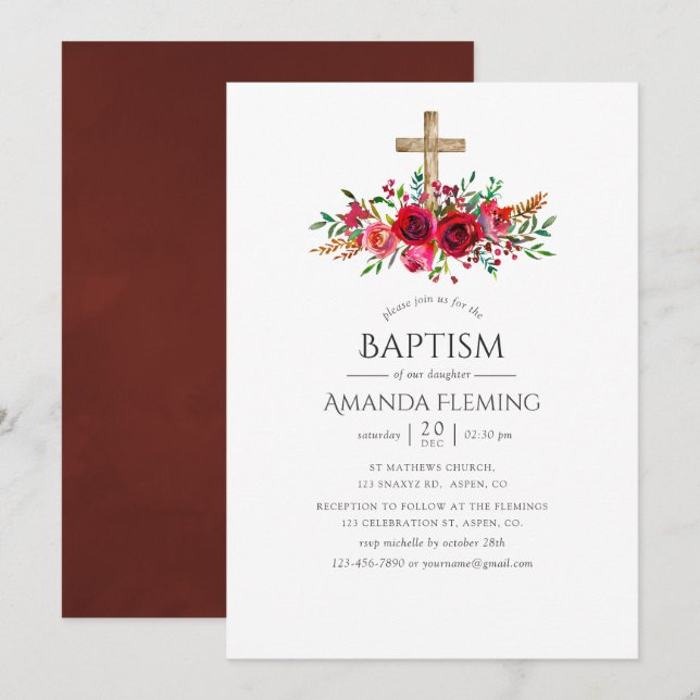 Invitation Rouge Bourgogne Floral Baptême ou Christening (Devant / Derrière)