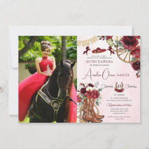 Invitation Rouge Bourgogne Floral Charro Cowgirl Quinceanera