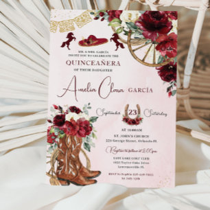 Invitation Rouge Bourgogne Floral Charro Quinceanera Ouest