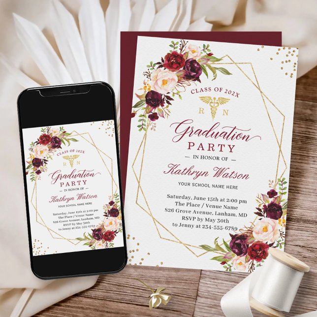 Invitation Rouge Bourgogne Floral Infirmière Diplômée (Créateur téléchargé)
