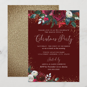 Invitation Rouge Bourgogne Floral Or Dust Noël