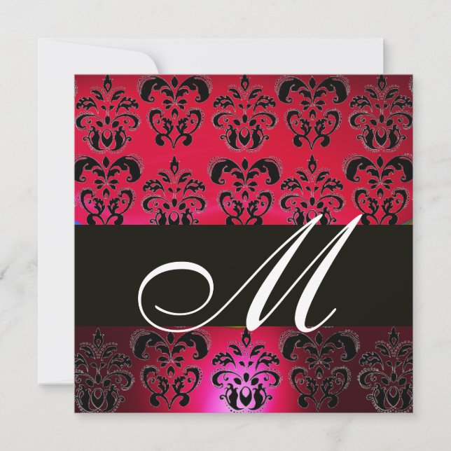 Invitation ROUGE BOURGOGNE NOIR DAMAS MONOGRAMME , rubis blan (Devant)