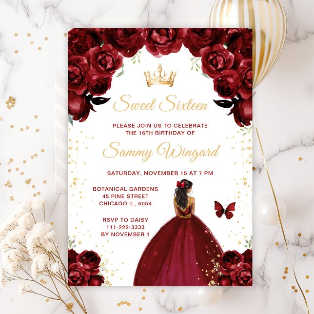 Invitation Rouge Bourgogne Peau Foncée Princesse Sweet Seize (Créateur téléchargé)